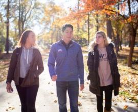 Three students walking outside in the fall.